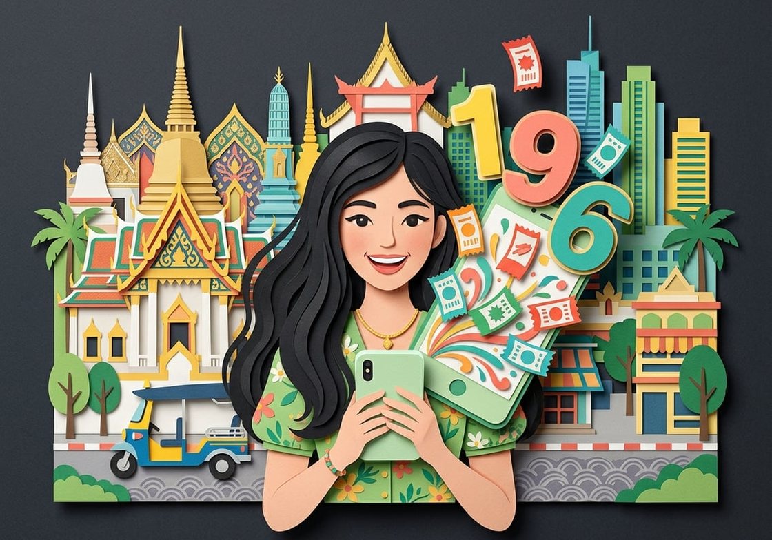 ภาพประกอบสไตล์กระดาษตัดซ้อนชั้น หญิงไทยถือมือถือแทงหวยออนไลน์ มีตัวเลขและสลากหวยลอยออกจากหน้าจอ ฉากหลังกรุงเทพ